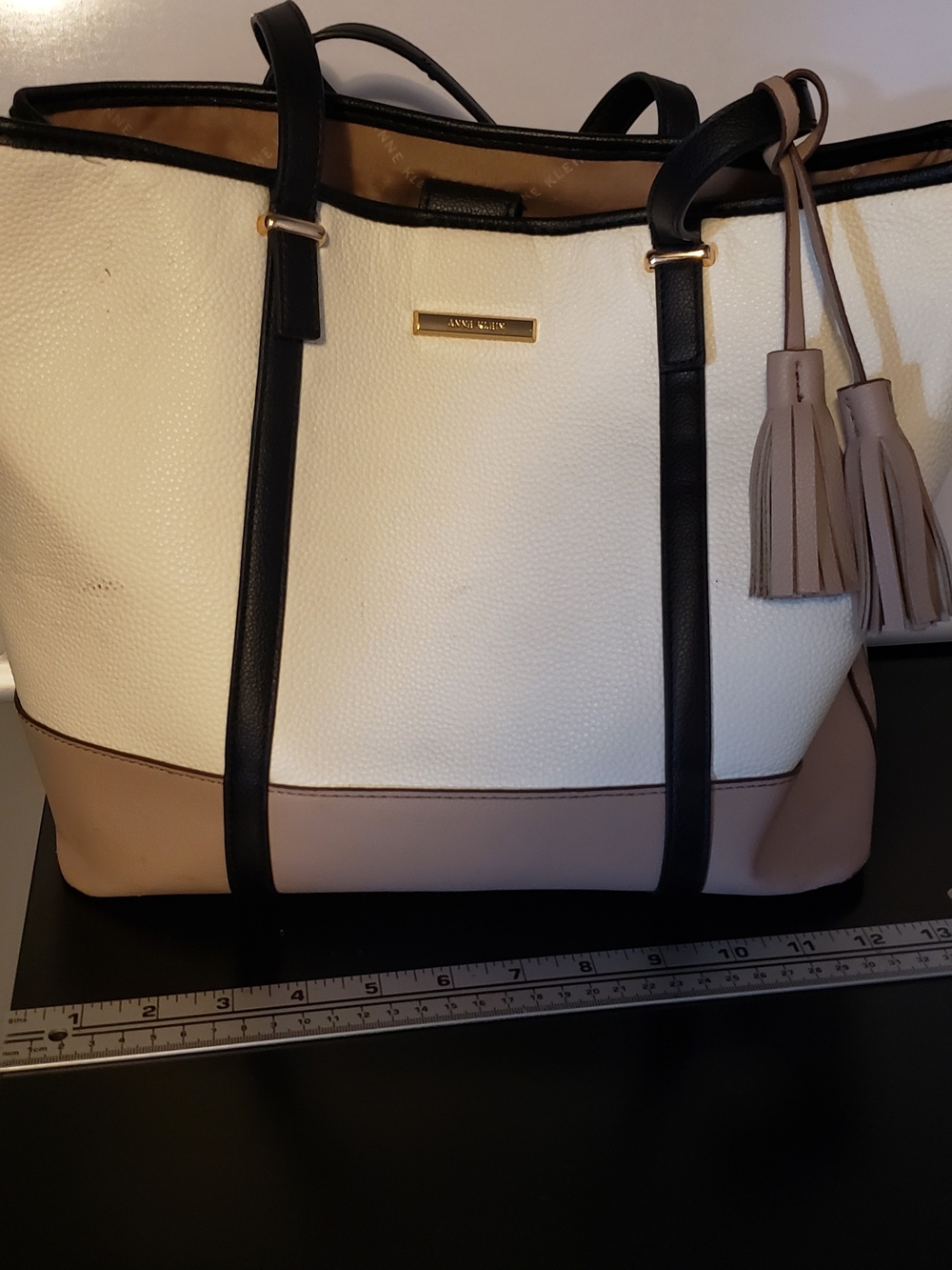 Anne Klein White & Taupe Tote Purse  with Black Trim